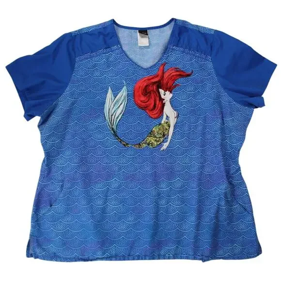 Disney Tops Disney Ariel Little Mermaid Blue Scrub Top 3xl